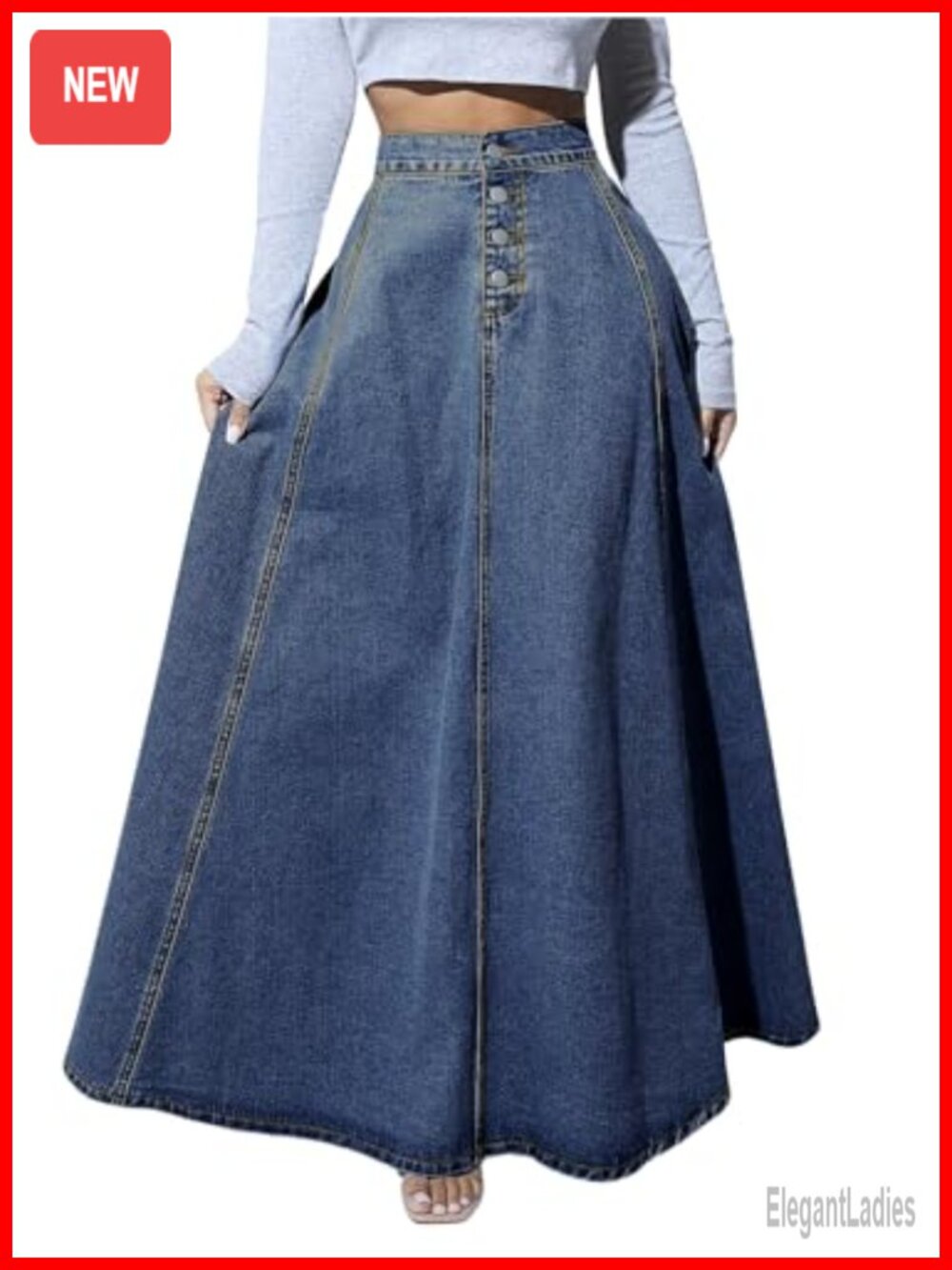 High Waisted Button Fly Flared Pleated A-Line Maxi Denim Jean Skirt